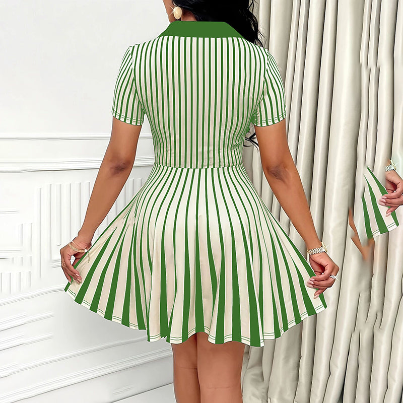 Women's Elegant Striped V-neck Short Sleeve A-line Short Dress