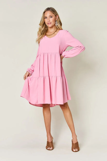 Garden Naked Women's Casual Dress Babydoll Tiered Dress with Pockets Long Sleeve Ruffle Hem Soft Cotton Blend Loose Fit