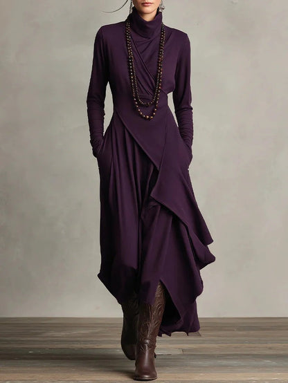 Women's Solid Color Cross-sleeve High-neck Dress