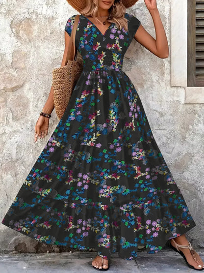 Printed V-Neck Cap Sleeve Maxi Dress