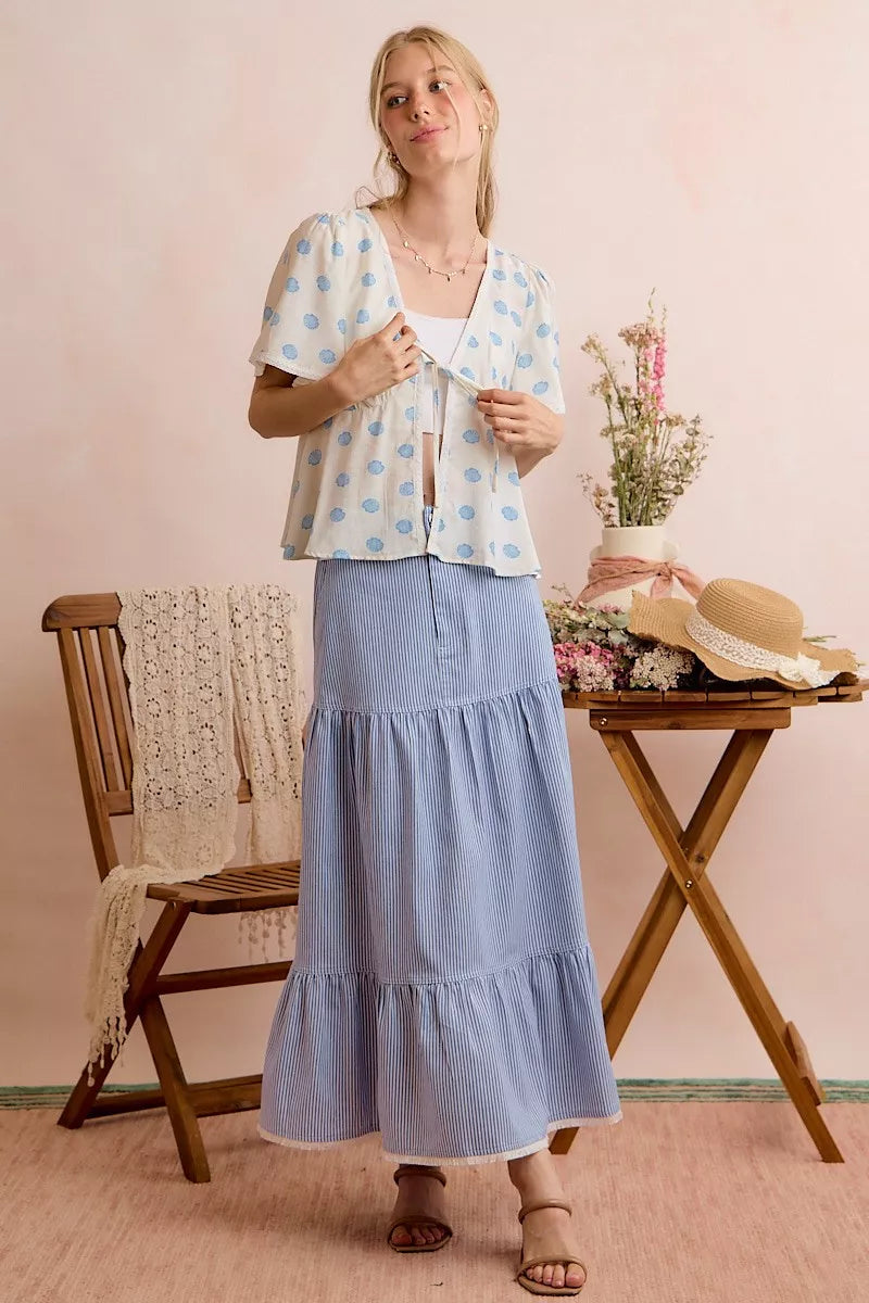 SO ME Shell Print Tie Front Flutter Sleeves Blouse Top