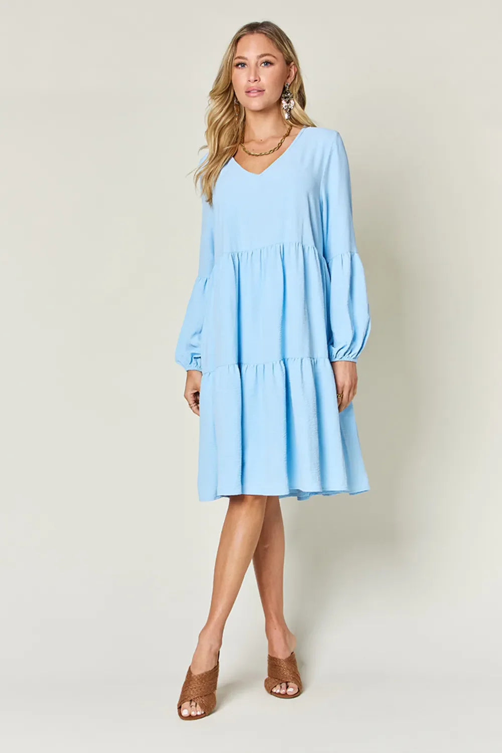 Garden Naked Women's Casual Dress Babydoll Tiered Dress with Pockets Long Sleeve Ruffle Hem Soft Cotton Blend Loose Fit