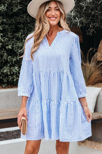 Stripe 3/4 Sleeve Pocketed Tiered Dress