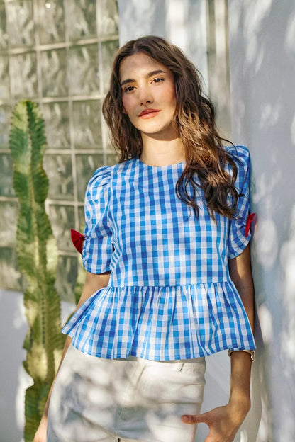 SO ME 4th Of July Gingham Ribbon Detail Short Sleeves Blouse