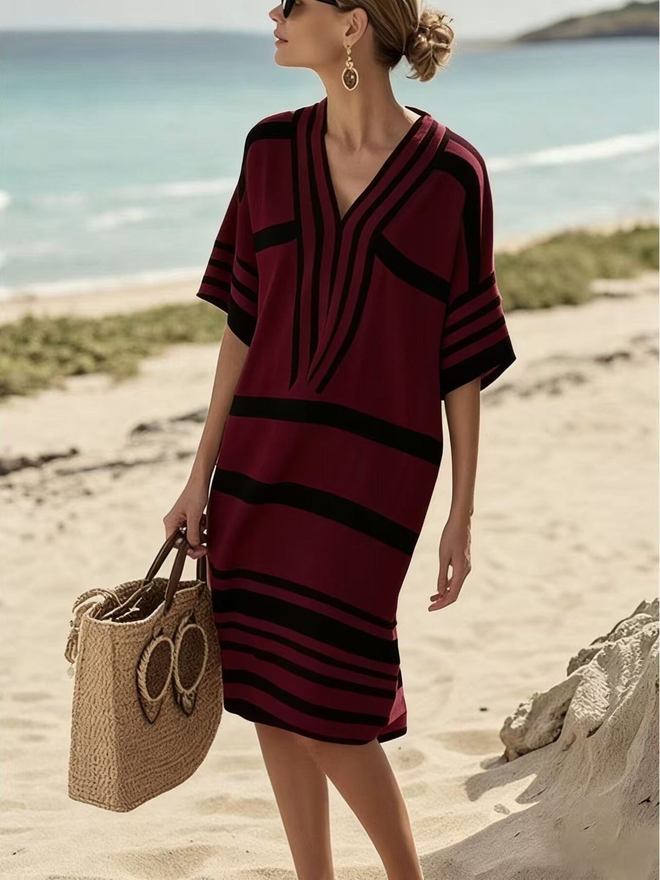 Full Size Striped Half Sleeve Midi Dress Plus Size