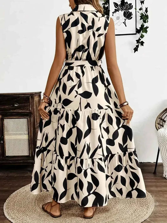 Printed Maxi Dress with Tie Waist - Sleeveless Elegance