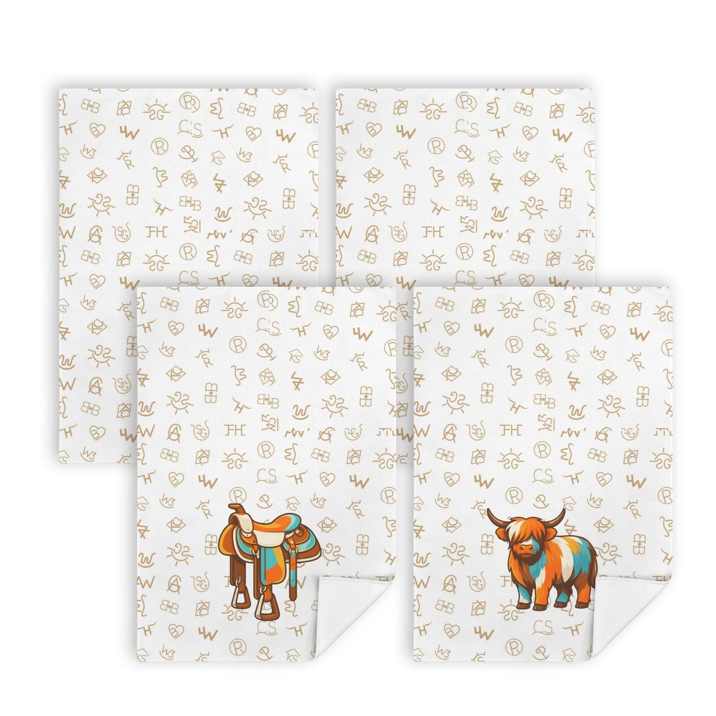Baha Ranch Set of 4 Minimalistic Western Highland Cow Cattle Brands Kitchen Towels Made in America
