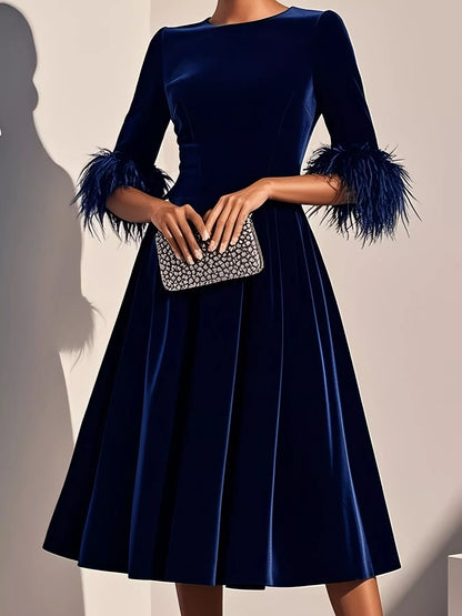 Velvet Midi Dress with Feather Cuffs