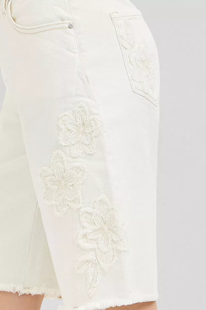 RISEN Slouchy Relaxed Floral Embroidered Bermuda Denim Shorts