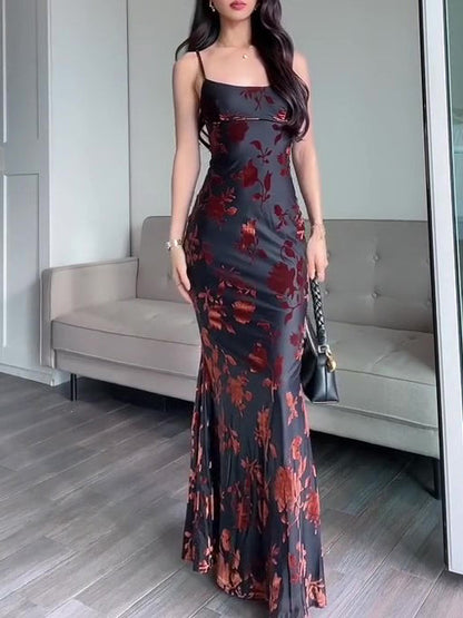 Flocked Strappy Maxi Dress See size chart under “more details”