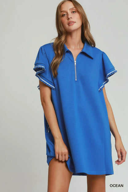 Umgee Half Zip Ruffle Rib Band Butterfy Sleeve Mini Dress with Pockets