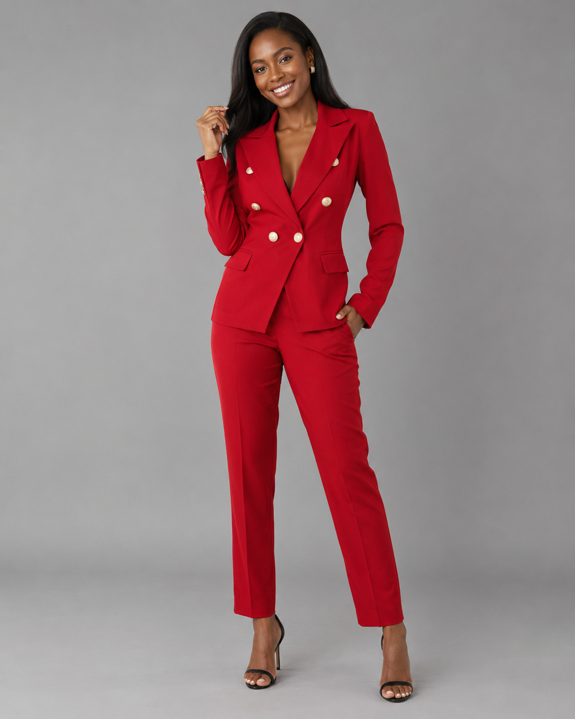 2-Piece Business Pant Suit - Double-Breasted Button Blazer & Slim Trousers Set