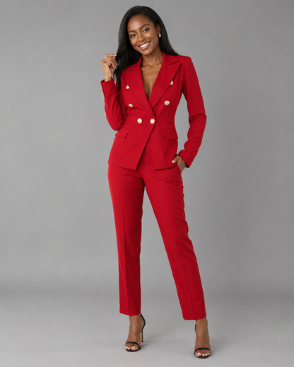 2-Piece Business Pant Suit - Double-Breasted Button Blazer & Slim Trousers Set