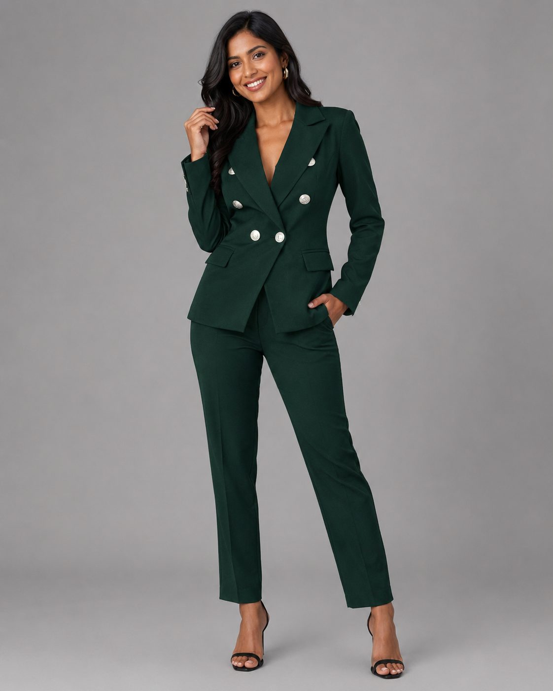 2-Piece Business Pant Suit - Double-Breasted Button Blazer & Slim Trousers Set