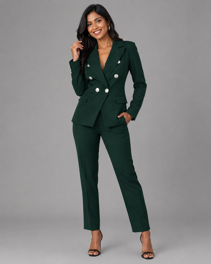 2-Piece Business Pant Suit - Double-Breasted Button Blazer & Slim Trousers Set