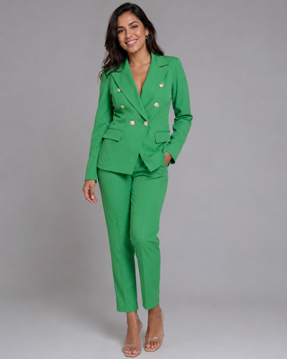 2-Piece Business Pant Suit - Double-Breasted Button Blazer & Slim Trousers Set
