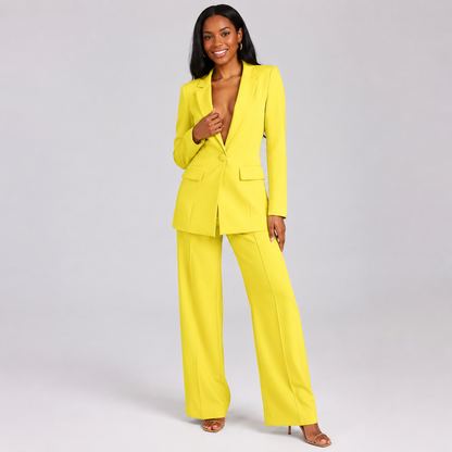 2-Piece Business Suit - Single Button Blazer Jacket & Wide Leg Trousers Set