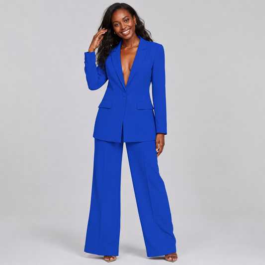 2-Piece Business Suit - Single Button Blazer Jacket & Wide Leg Trousers Set