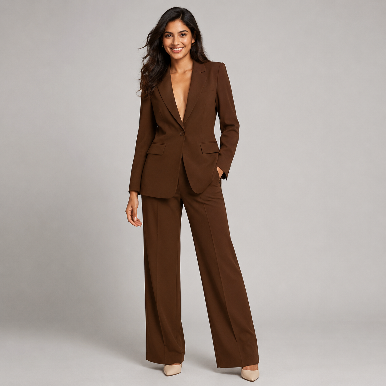 2-Piece Business Suit - Single Button Blazer Jacket & Wide Leg Trousers Set