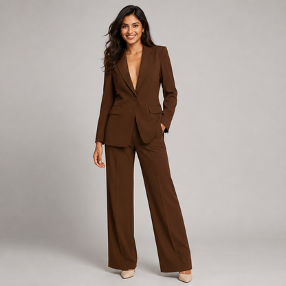 2-Piece Business Suit - Single Button Blazer Jacket & Wide Leg Trousers Set