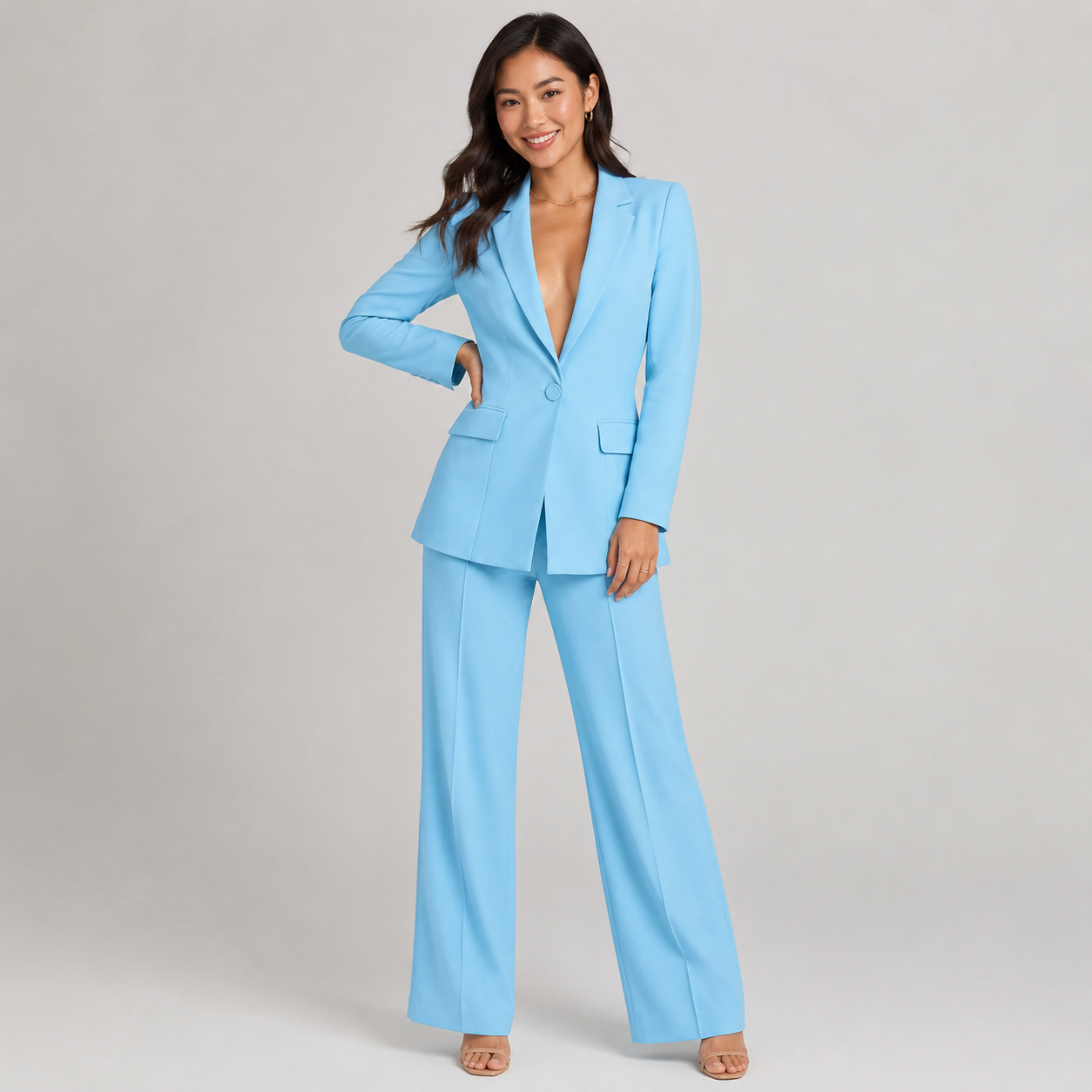 2-Piece Business Suit - Single Button Blazer Jacket & Wide Leg Trousers Set