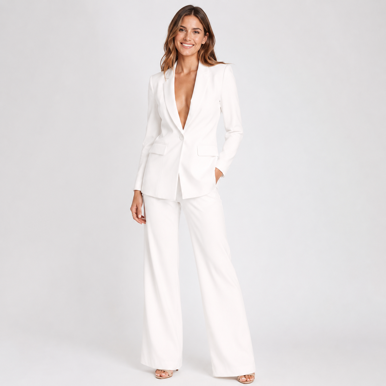 2-Piece Business Suit - Single Button Blazer Jacket & Wide Leg Trousers Set