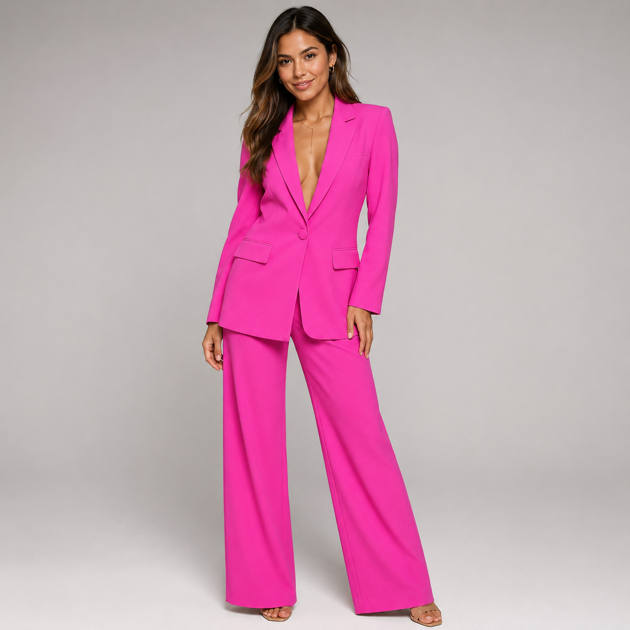2-Piece Business Suit - Single Button Blazer Jacket & Wide Leg Trousers Set