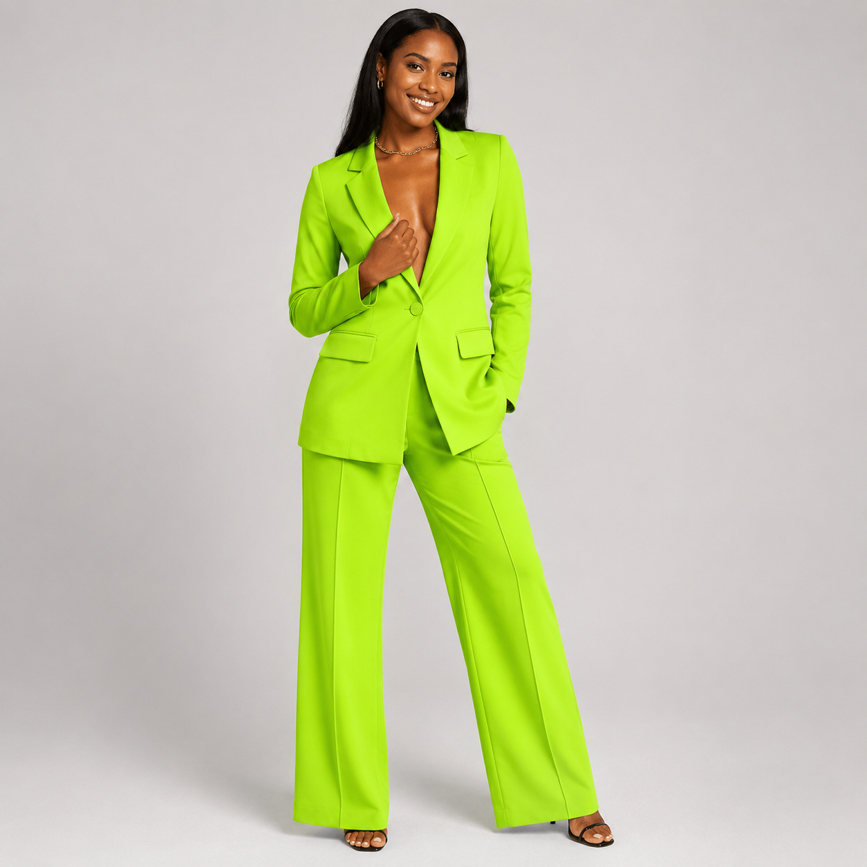 2-Piece Business Suit - Single Button Blazer Jacket & Wide Leg Trousers Set