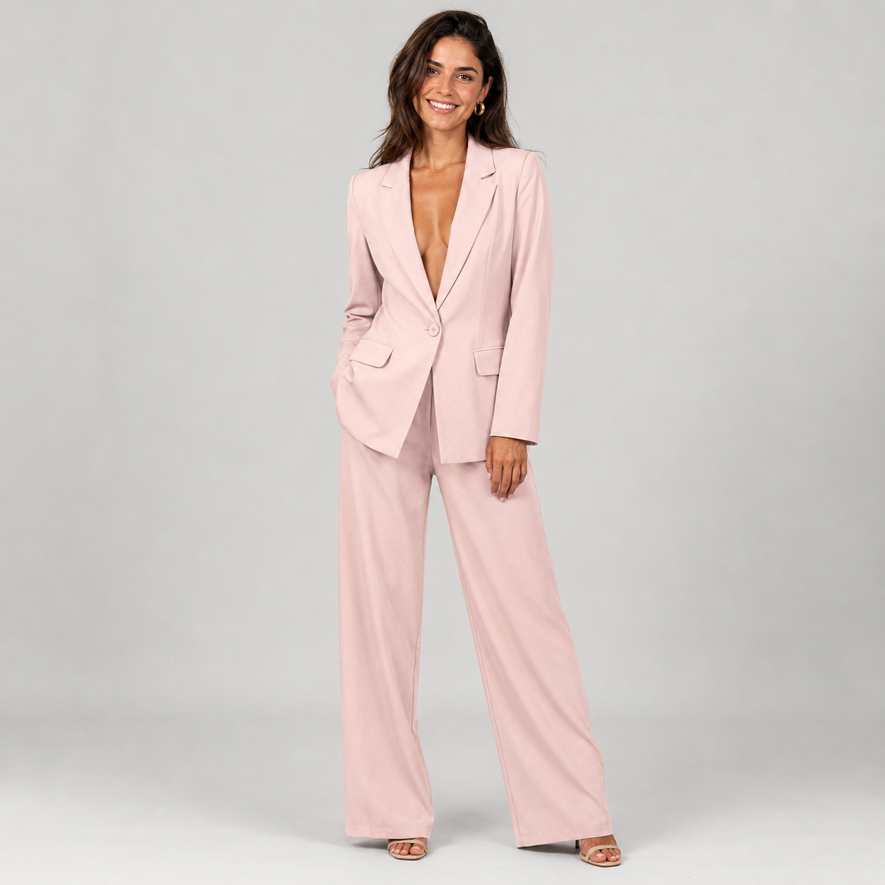 2-Piece Business Suit - Single Button Blazer Jacket & Wide Leg Trousers Set