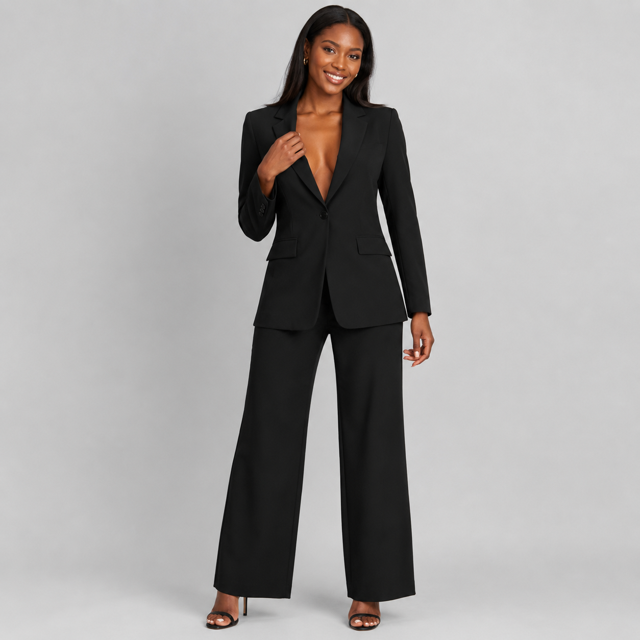 2-Piece Business Suit - Single Button Blazer Jacket & Wide Leg Trousers Set