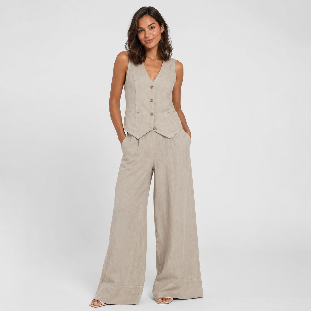 2-Piece Cotton Linen Matching Set - V-Neck Button-Down Vest & High-Waisted Wide-Leg Pants Suit