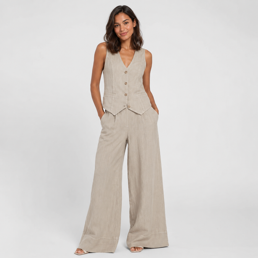 2-Piece Cotton Linen Matching Set - V-Neck Button-Down Vest & High-Waisted Wide-Leg Pants Suit
