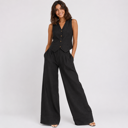 2-Piece Cotton Linen Matching Set - V-Neck Button-Down Vest & High-Waisted Wide-Leg Pants Suit