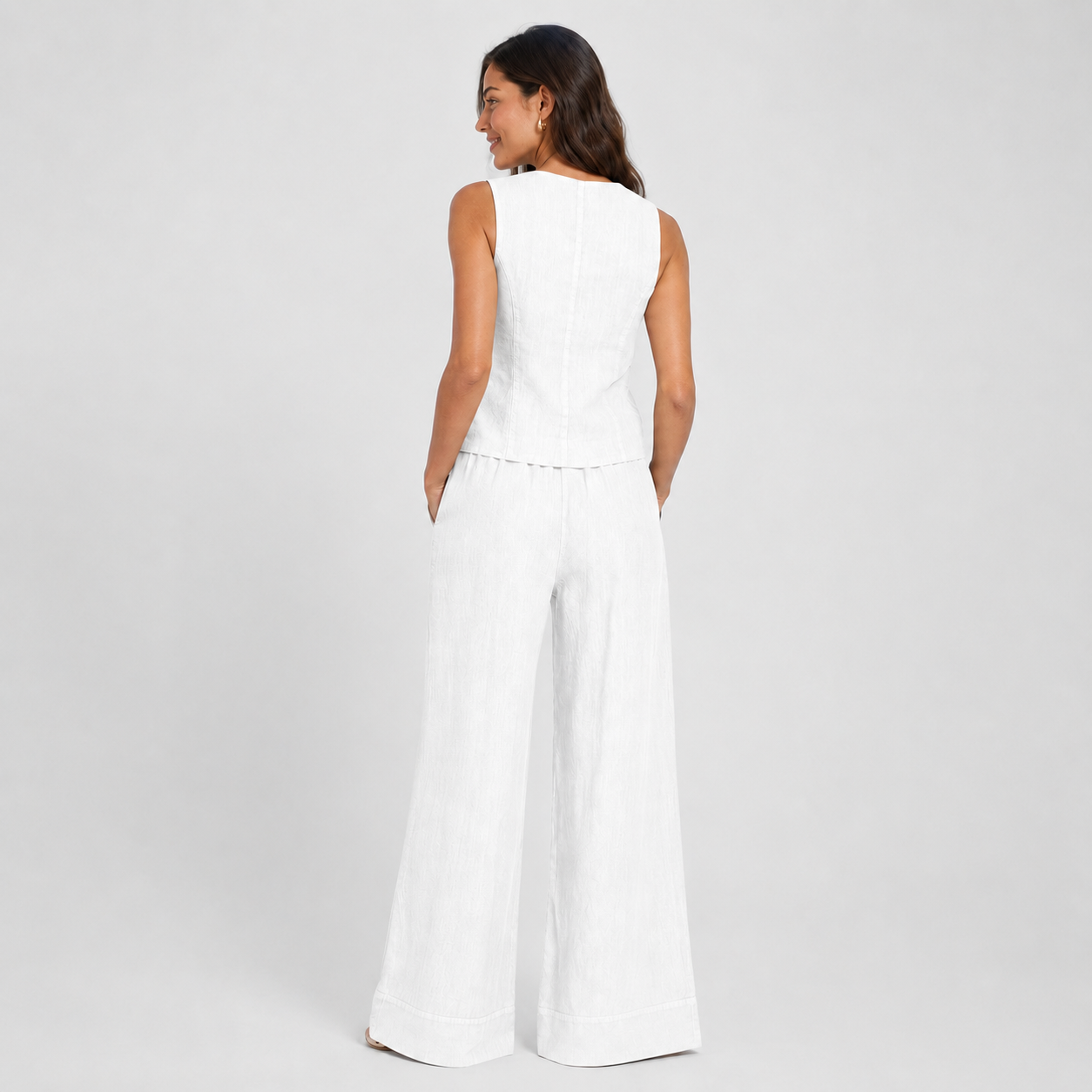 2-Piece Cotton Linen Matching Set - V-Neck Button-Down Vest & High-Waisted Wide-Leg Pants Suit