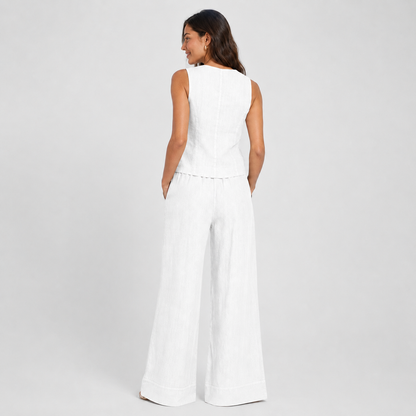 2-Piece Cotton Linen Matching Set - V-Neck Button-Down Vest & High-Waisted Wide-Leg Pants Suit