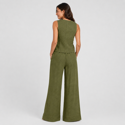 2-Piece Cotton Linen Matching Set - V-Neck Button-Down Vest & High-Waisted Wide-Leg Pants Suit