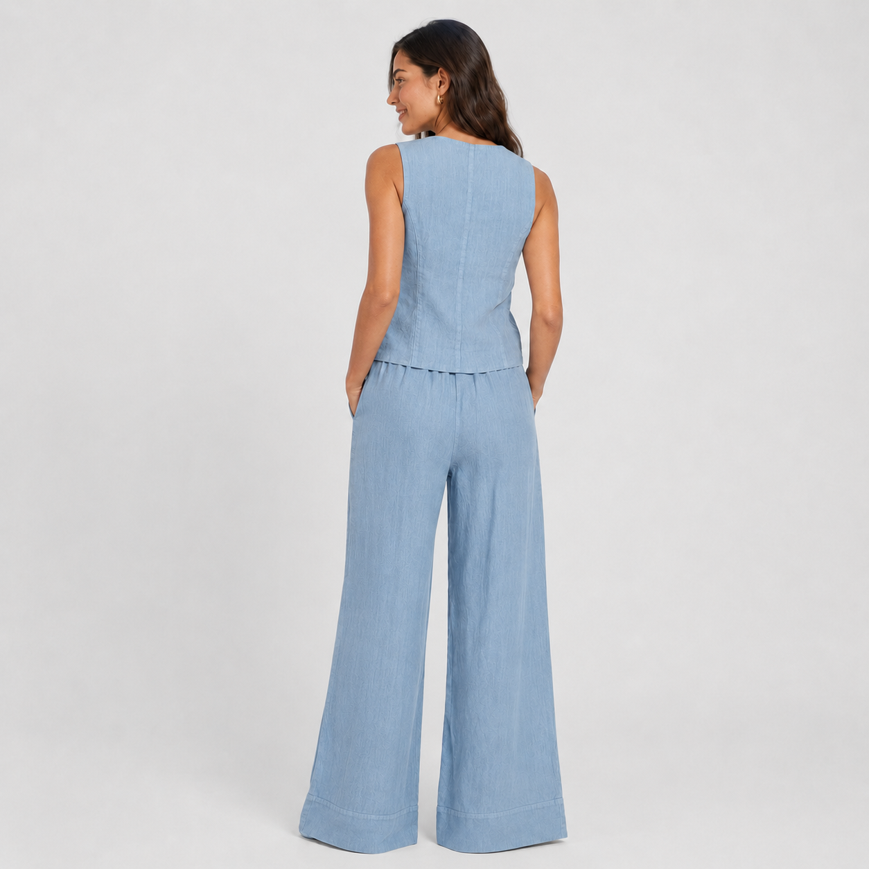 2-Piece Cotton Linen Matching Set - V-Neck Button-Down Vest & High-Waisted Wide-Leg Pants Suit