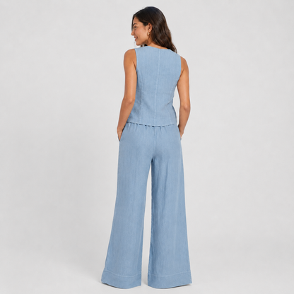 2-Piece Cotton Linen Matching Set - V-Neck Button-Down Vest & High-Waisted Wide-Leg Pants Suit