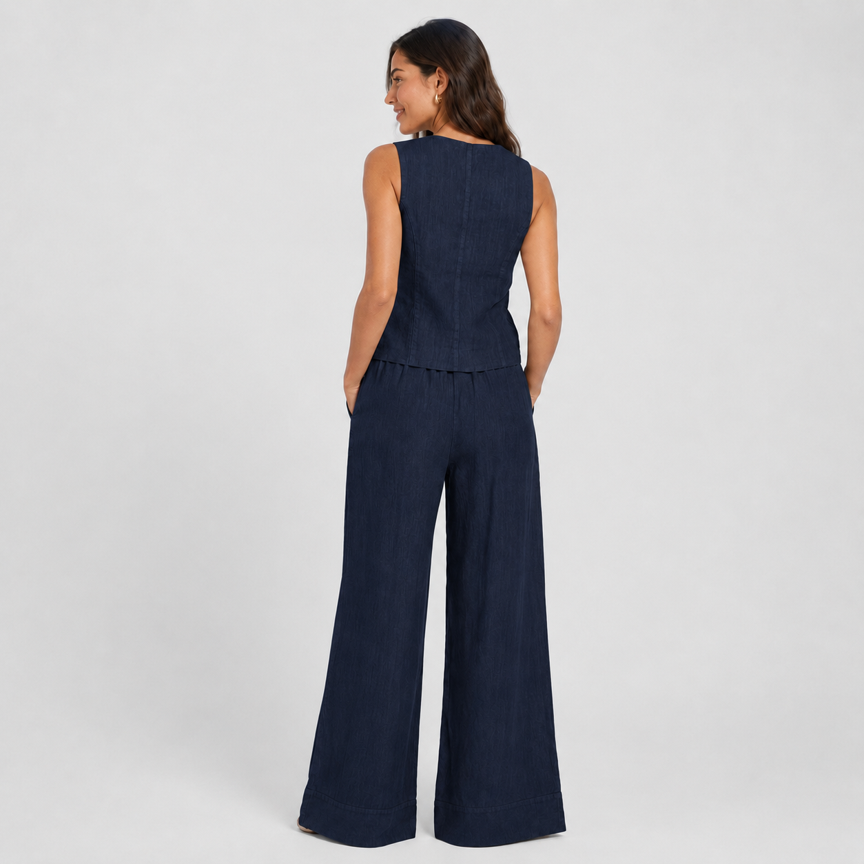2-Piece Cotton Linen Matching Set - V-Neck Button-Down Vest & High-Waisted Wide-Leg Pants Suit