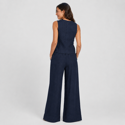 2-Piece Cotton Linen Matching Set - V-Neck Button-Down Vest & High-Waisted Wide-Leg Pants Suit