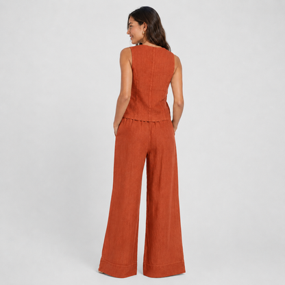 2-Piece Cotton Linen Matching Set - V-Neck Button-Down Vest & High-Waisted Wide-Leg Pants Suit