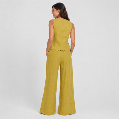 2-Piece Cotton Linen Matching Set - V-Neck Button-Down Vest & High-Waisted Wide-Leg Pants Suit