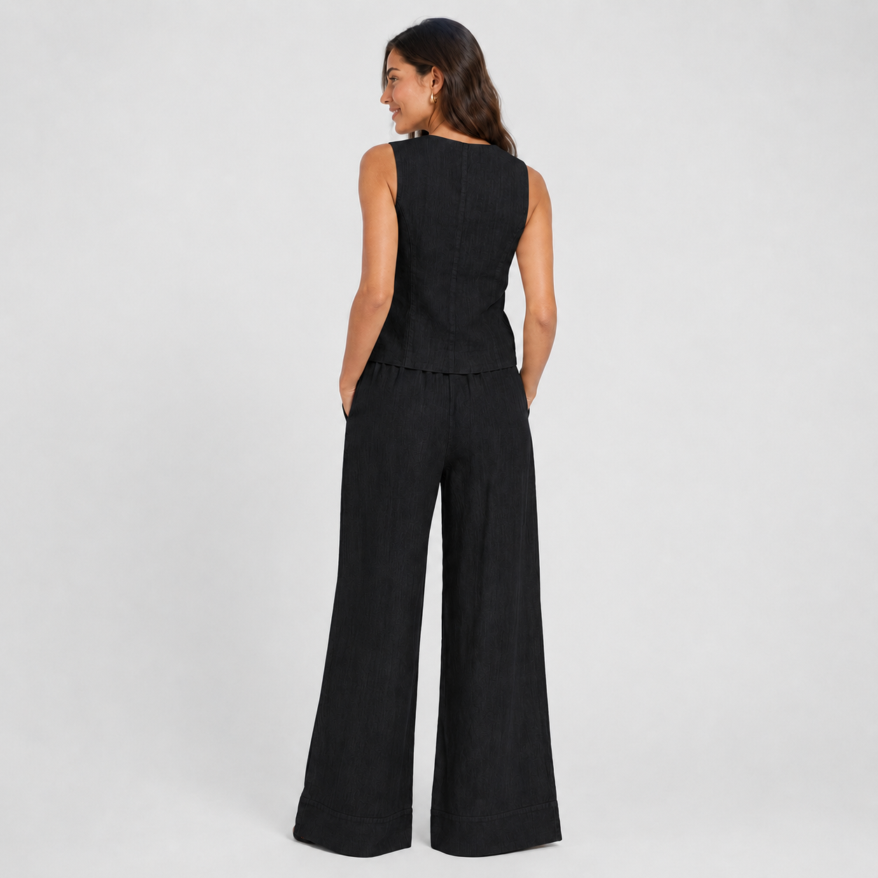 2-Piece Cotton Linen Matching Set - V-Neck Button-Down Vest & High-Waisted Wide-Leg Pants Suit