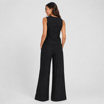 2-Piece Cotton Linen Matching Set - V-Neck Button-Down Vest & High-Waisted Wide-Leg Pants Suit