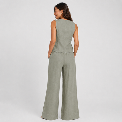 2-Piece Cotton Linen Matching Set - V-Neck Button-Down Vest & High-Waisted Wide-Leg Pants Suit