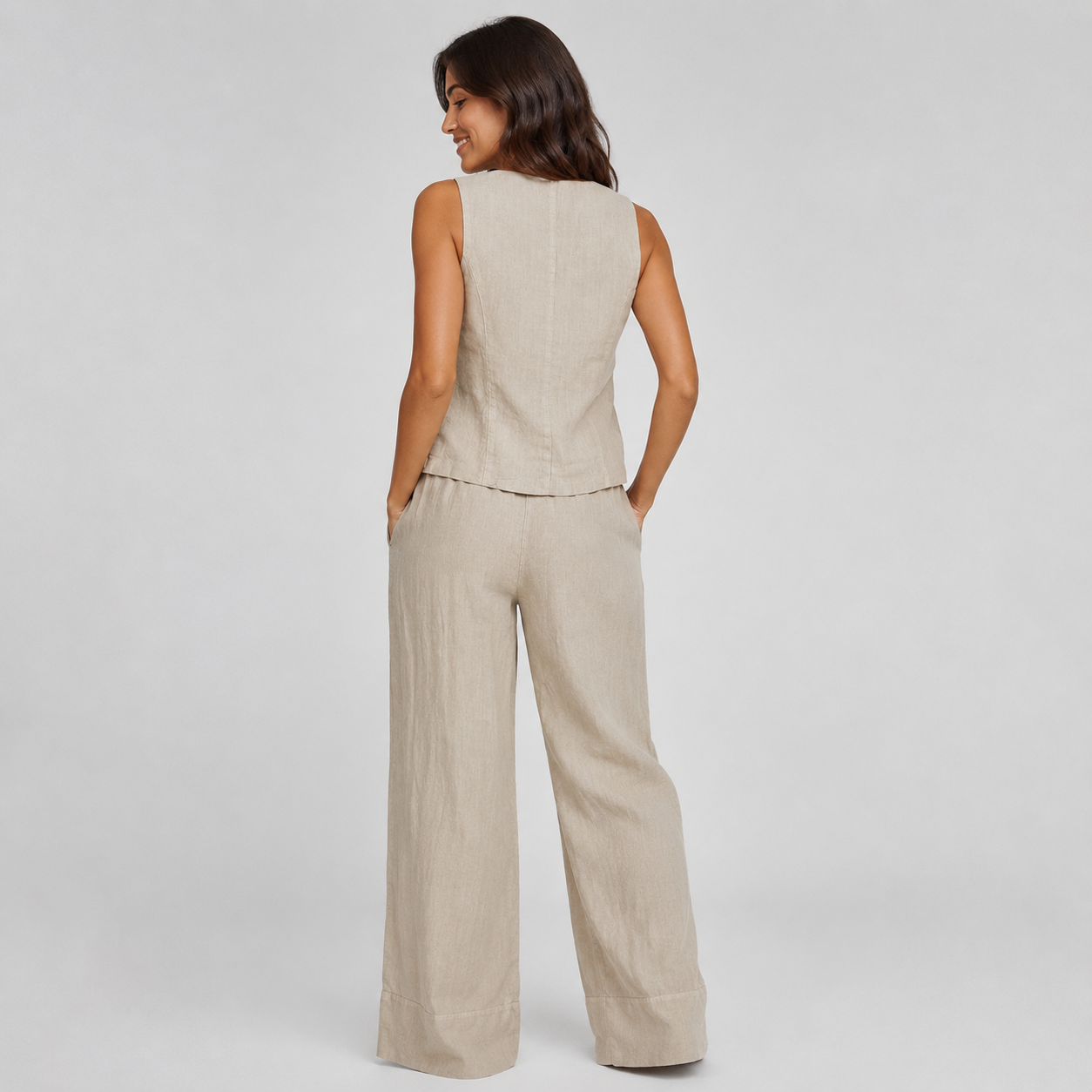 2-Piece Cotton Linen Matching Set - V-Neck Button-Down Vest & High-Waisted Wide-Leg Pants Suit