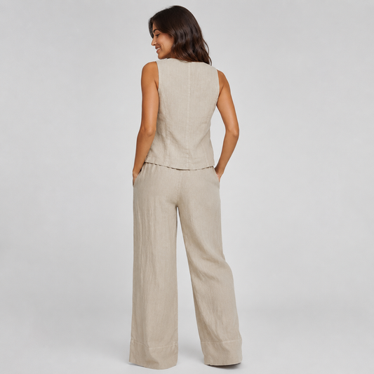 2-Piece Cotton Linen Matching Set - V-Neck Button-Down Vest & High-Waisted Wide-Leg Pants Suit