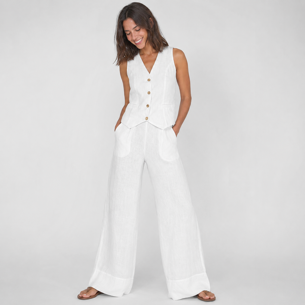 2-Piece Cotton Linen Matching Set - V-Neck Button-Down Vest & High-Waisted Wide-Leg Pants Suit