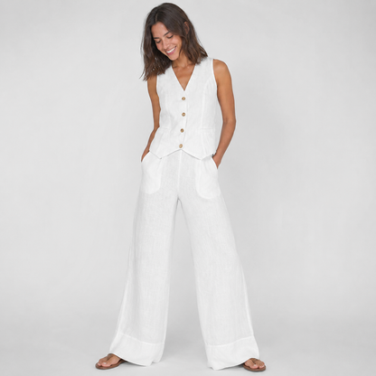 2-Piece Cotton Linen Matching Set - V-Neck Button-Down Vest & High-Waisted Wide-Leg Pants Suit