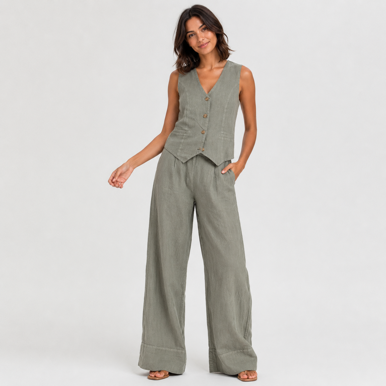 2-Piece Cotton Linen Matching Set - V-Neck Button-Down Vest & High-Waisted Wide-Leg Pants Suit